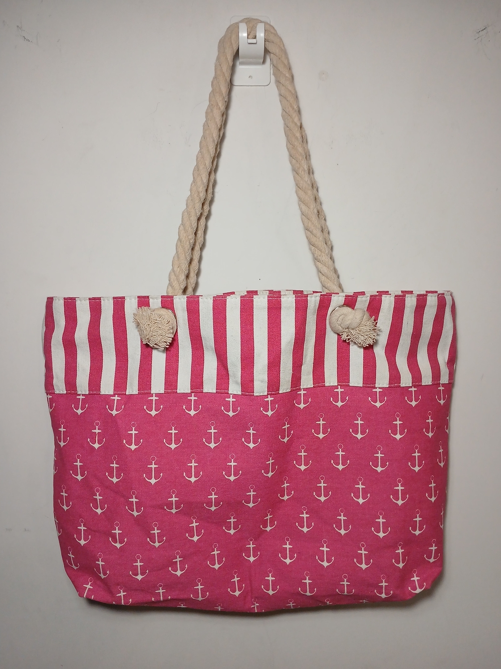 Pink Nautical Anchor Canvas Tote Bag with Rope Handles
